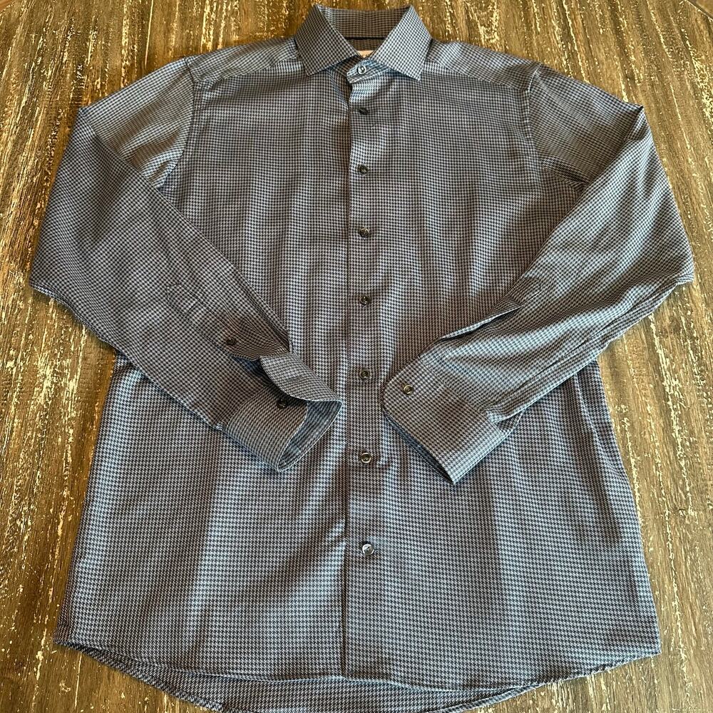 ETON Contemporary Fit Dress Shirt Mens Size M Gray Houndstooth Check Twill L/S
